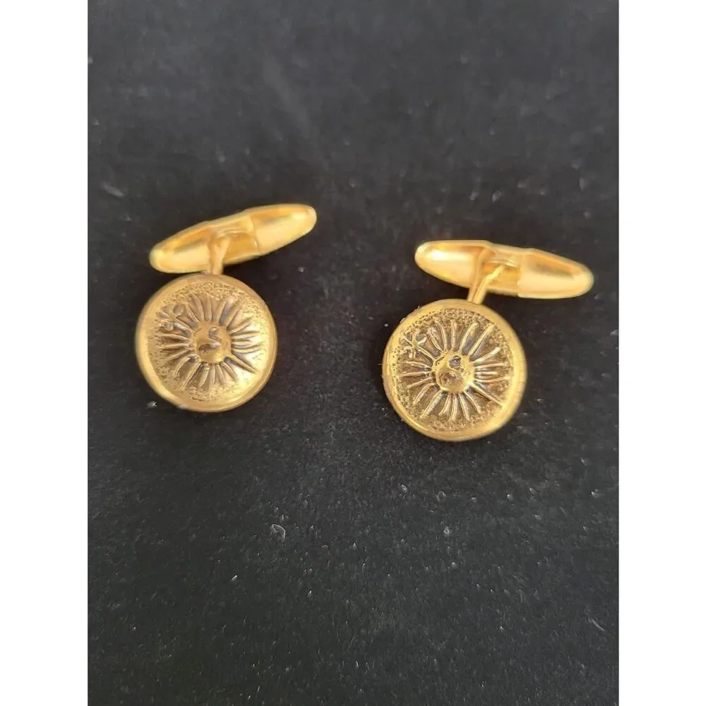 Vintage Gold tone Cufflinks with Raised Repousse Sunshine Sun Face on Front